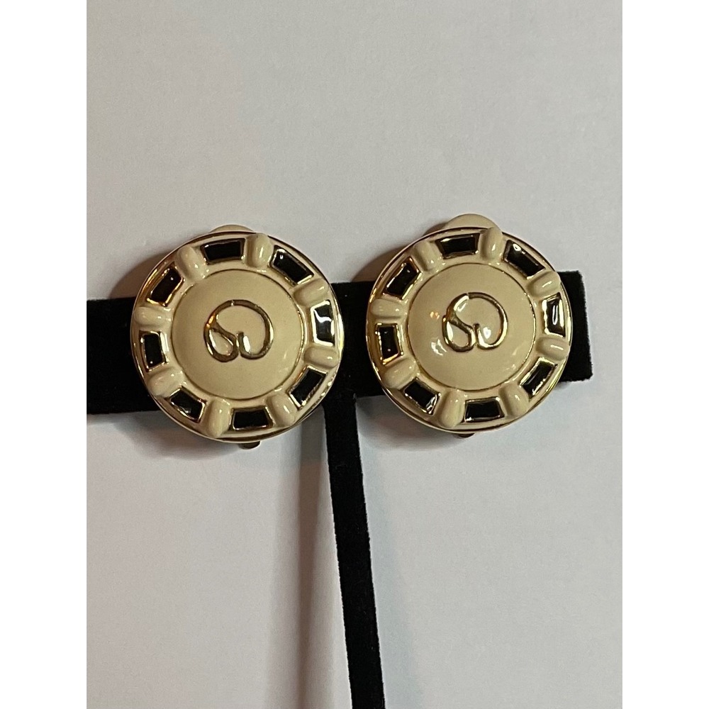 Vintage St. John with "SJ" Logo Clip-on Earrings, Enamel Cream/Ivory & Goldtone